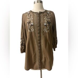 J. Jill Womens Floral Embroidered Floral Button Down Tunic Top Brown 100% Cotton